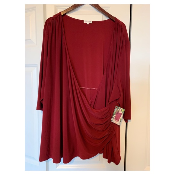 Kiyonna Tops - NWT, Kiyonna Faux Wrap Top, 5x, Dark Red/Bordeaux